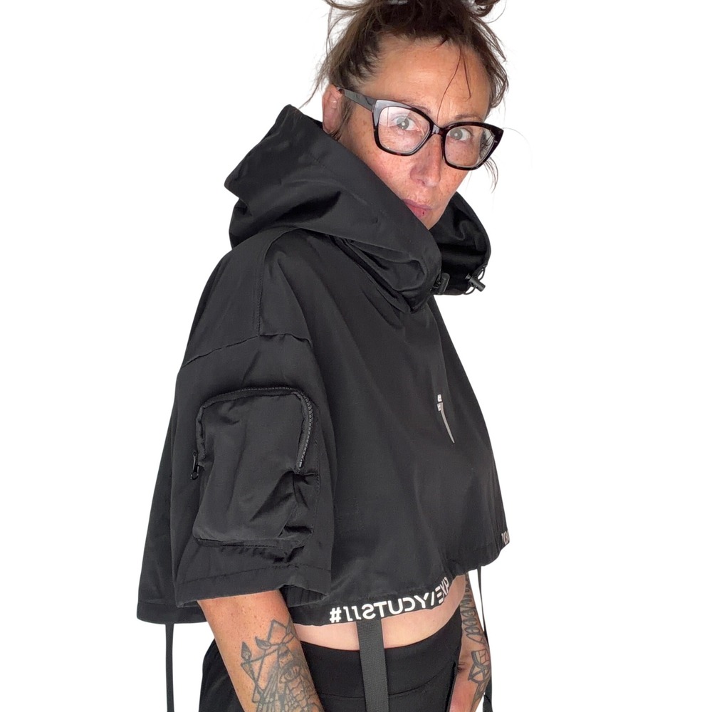 JYEIND Techwear Cropped Hoodie Black Utility Cyberpunk Gorpcore Streetwear OS
